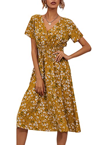 EFOFEI Damen Elegant V-Ausschnitt Maxikleid Chiffon Boho Lange Kleid Sommer Partykleid mit Gürtel Gartenparty Urlaubskleid Gelb S von EFOFEI