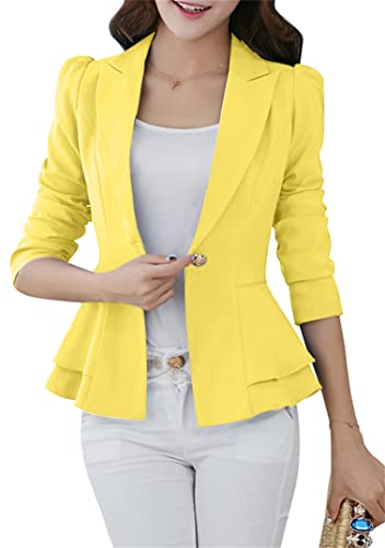 EFOFEI Damen Eleganter Business Arbeitsanzug Freizeitanzug Mit Revers Blazer Mit Puffärmeln An Der Taille Gelb S von EFOFEI