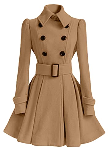 EFOFEI Damen Eleganter Princess Style Mantel Langer Wollmischmantel Langarm Freizeitjacke Khaki XXS von EFOFEI