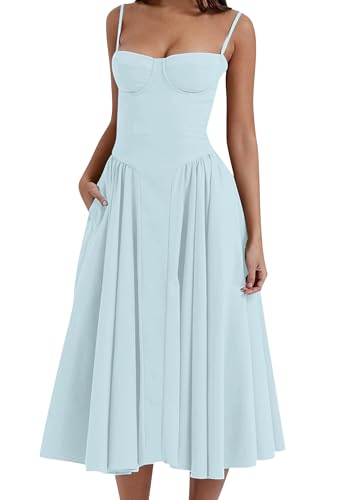 EFOFEI Damen Elegantes Spaghetti-Träger Kleid Retro Party Tanzkleider Quadrhals Fließende Kleider Hellblau S von EFOFEI