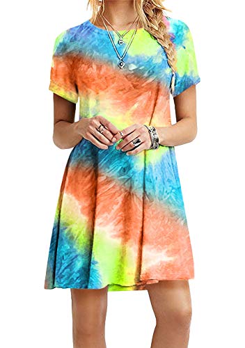 EFOFEI Damen Farbverlaufshemd Tie Dye Print Kurzarm-Minikleid Krawatte Färben Orange L von EFOFEI