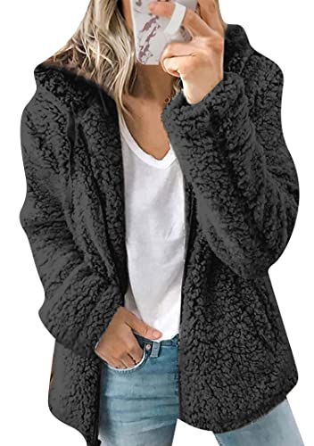 EFOFEI Damen Fleece Kapuzenjacke Mantel Strickjacke Lässiger Kapuzenmantel Aus Fleece Dicker Modischer Pelz Parka Mit Strickjacke Schwarz 3XL von EFOFEI