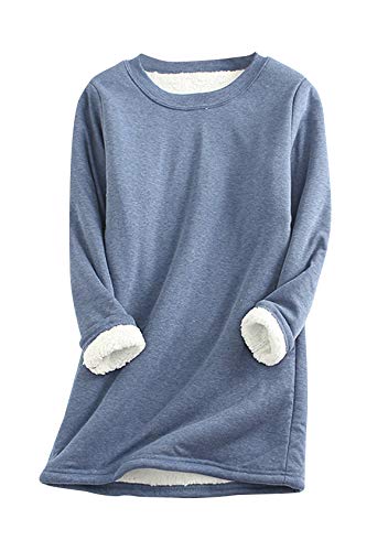 EFOFEI Damen Fleece Warmen Pullover Oversize Teddy Fleece Pullover Flauschig Rundhals Sweatshirt Blau 3XL von EFOFEI