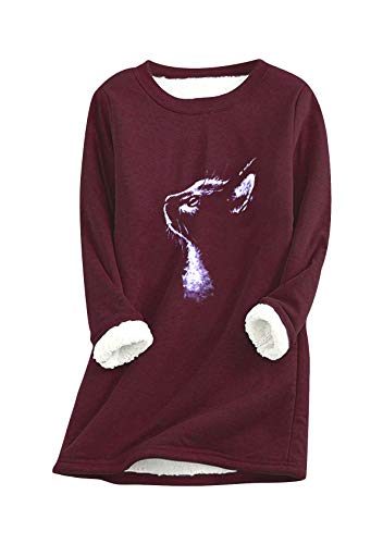 EFOFEI Damen Fleece gefüttert Crewneck Tops Lamm Kaschmir Pulli Langarm Shirts Oversize Bedrucktes Oberteil Shirts Warmes Oberteil mit Herzform Rotwein M von EFOFEI