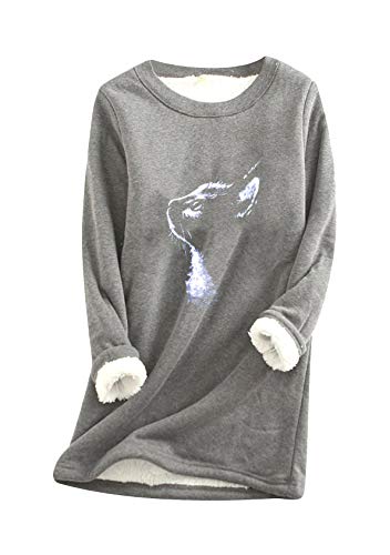 EFOFEI Damen Fleece gefüttert Crewneck Tops Oversize Bedrucktes Oberteil Tops Plus Dicker Samt Langarmshirt Oversize Bedrucktes Oberteil Shirts Dunkelgrau XL von EFOFEI