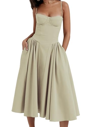 EFOFEI Damen Fließend Plissierter Saum Ballkleid Ärmellos Korsett Fit Midikleid Sommer Strand Swing Camikleid Grün Kaffee S von EFOFEI