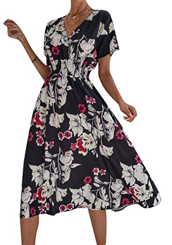 EFOFEI Damen Fließendes Dünn Kleid Gartenparty Urlaubskleid Polka Dot Wickelkleider Blumendruck Alltag Freizeitkleid Schwarz Weiss M von EFOFEI