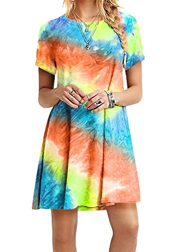 EFOFEI Damen Floral Bedrucktes Kleid Schlankes Sommerkleid Tunika Crewneck Kleid Tie Dye Orange 2XL von EFOFEI