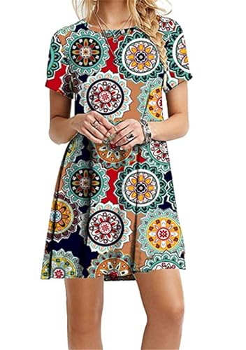 EFOFEI Damen Floral Bedrucktes Kleid Sommer Kurzarm Mini Kleid Rundhalsausschnitt Freizeitkleid Grün L von EFOFEI
