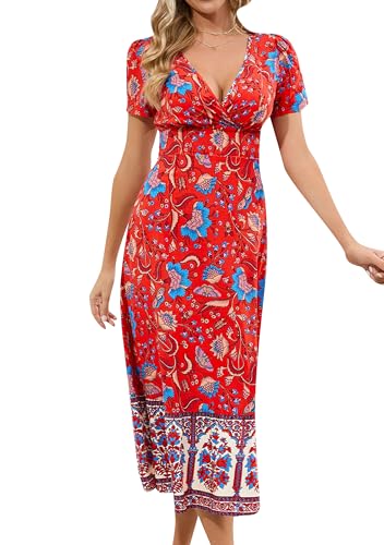 EFOFEI Damen Floral Midi Tunika Wickelkleid Sommer Casual Sexy Boho Kurzarm Kleid V Hals Lose Kleid ROT XL von EFOFEI