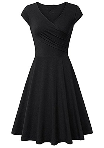 EFOFEI Damen Flügelärmeln Kleid Dress Swing Kurzarm Kleid mit V-Ausschnitt Schwarz XS von EFOFEI