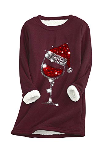 EFOFEI Damen Freizeit Oberteile Für Zuhause Langarmshirt Mit Rundhalsausschnitt Süße Weihnachtskleidung Fleece Pullover, weinrot, 50 von EFOFEI