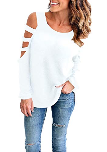 EFOFEI Damen Frühling Herbst Elegant Lace Panel Aushöhlen Langarm Top O Neck Slim Fit T-Shirts Weiß S von EFOFEI