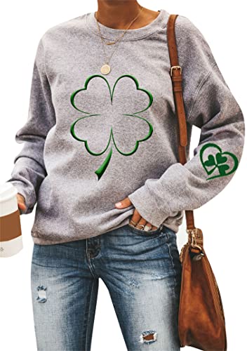 EFOFEI Damen Frühling Herbst Langarm Top Grünes Batik Sweatshirt Graues All-Match Sweatshirt Vierblättriges Kleeblatt L von EFOFEI