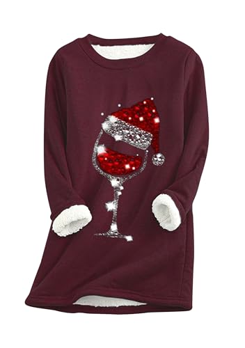 EFOFEI Damen Süße Weihnachtskleidung Top Mit Weinglasmuster Langarmshirt Mit Rundhalsausschnitt Weinrot L von EFOFEI