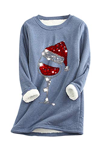 EFOFEI Damen Gefüttert mit flauschigem Top Top mit Weihnachtsmützenmuster Festliche Sweatshirt Blau XL von EFOFEI