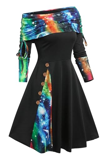 EFOFEI Damen Geknabbertes gestreiftes Flare A Linie Kleid Bequemes Arbeits-Langarmkleid Muster Herbstkleid Schwarz Bunt XL von EFOFEI