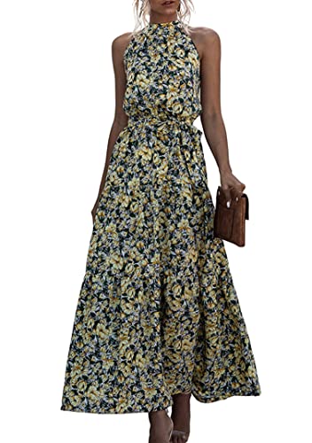 EFOFEI Damen Gepunktes Langes Kleid Partykleid Cocktailkleid Strandkleid Business Casual Kleid Gepunktetes Blumenkleid Blume Gelb S von EFOFEI