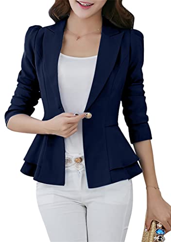 EFOFEI Damen Geschichteter Rockanzug Schmal Geschnittener Blazer Mit Kurzen Rüschen Anzug Mit Laternenärmeln Navy blau XXS von EFOFEI