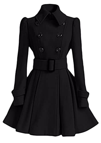 EFOFEI Damen Gürtelschnalle Spring Mid-Long Jacket Breasted Pea Coat Style Outwear Elegant Cotton Wool Outwear Schwarz M von EFOFEI