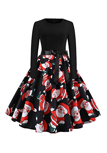 EFOFEI Damen Weihnachten Druck Partykleid A-Linie Swing Kleid Dress Hepburn Cocktailkleid Rockabilly Schwarz XL von EFOFEI
