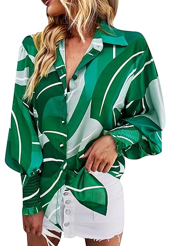 EFOFEI Damen Hawaii Hemden Langarm Button Down Tropisch Floral Urlaub Strand Bluse Tops Grün XL von EFOFEI