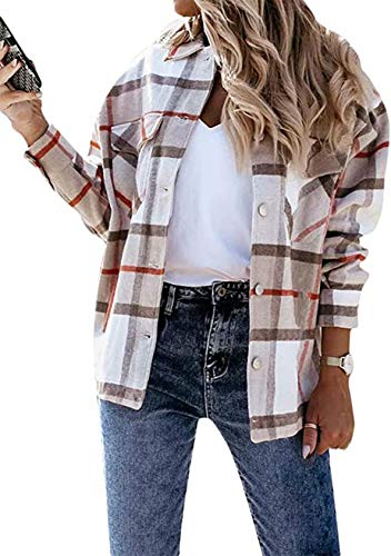 EFOFEI Damen Hemdjacke Holzfällerjacke Elegant Kariert Revers Outwear Loose Casual Tunika Karierte Hemdjacke Holzfällerjacke Khaki XS von EFOFEI