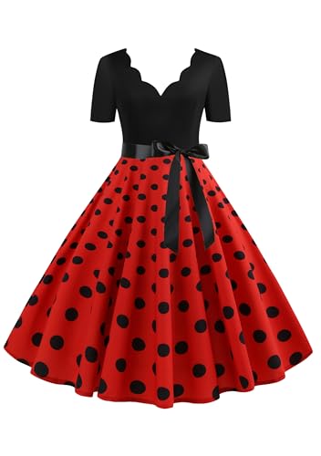 EFOFEI Damen Kurze Ärmel Cocktailkleid mit Gürtel Brautjungfernkleid Petticoat Lange Kleid A-Linie Kleid Rot S von EFOFEI