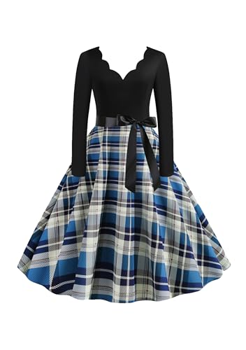 EFOFEI Damen Hepburn Cocktailkleid Rockabilly Lange Ärmel Ballkleid Hepburn Cocktailkleid A-Linie Swing Kleid Blau 3XL von EFOFEI