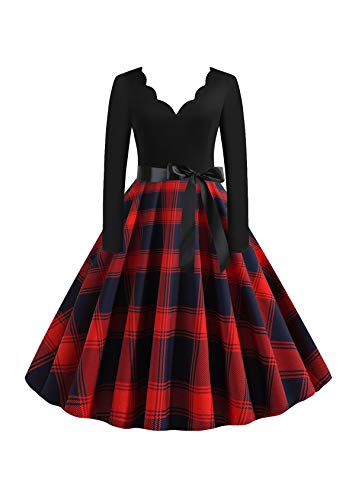 EFOFEI Damen Hepburn Cocktailkleid Rockabilly Lange Ärmel Ballkleid Hepburn Cocktailkleid A-Linie Swing Kleid Rot M von EFOFEI