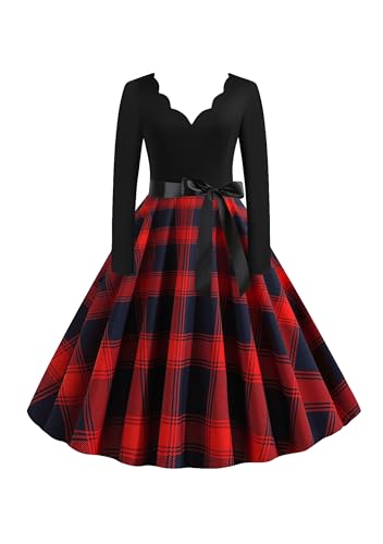 EFOFEI Damen A-Linie Swing Kleid Dress Hepburn Cocktailkleid Rockabilly 1950er Vintage Retro Brautjungfernkleid Rot M von EFOFEI