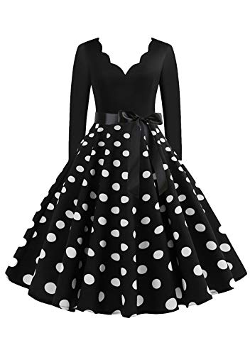 EFOFEI Damen Langarm Cocktailkleid mit Gürtel Weihnachten Kleider Langarm Hepburn Stil Cocktailkleider Schwarz XL von EFOFEI
