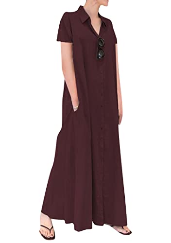 EFOFEI Damen Herbst Frühling Vintage Retro Kleid mit Taschen Sommer Freizeitkleid mit fließendem Plisseesaum Sommer Einfaches Alltagskleid Kurzarm Weinrot 3XL von EFOFEI