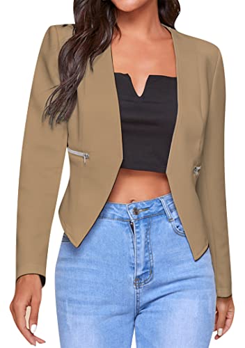 EFOFEI Damen Herbst Kurzer Pub Blazer Revers Strickjacke Mit Offener Front Langärmeliger Einfarbiger Blazer Khaki S von EFOFEI