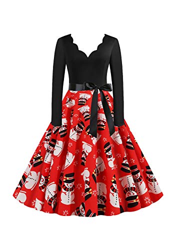 EFOFEI Damen Herbst Langarm Druck Winter Vintage Kleid Partykleid Abend Party Prom Swing Kleid rot L von EFOFEI