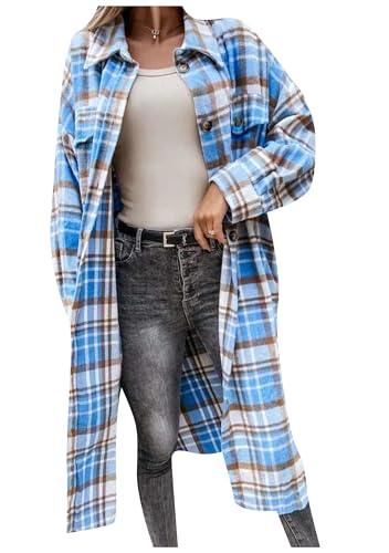 EFOFEI Damen Herbst Winter Mitte Länge Outwear Langarm Mantel mit Taschen Button Down Flanell Hemden Blau S von EFOFEI