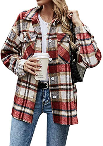 EFOFEI Damen Herbst Winter Shirt mit Knöpfe Bluse Karo Muster Overshirt mit Plaid Langarm Hemden kariert Kariertes Hemd Blusenshirt Rot S von EFOFEI