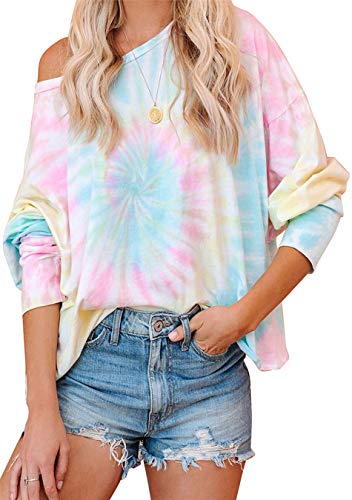 EFOFEI Damen Herbst & Winter Sweatshirt Damen Langarm Pullover Loose Tie Dye Farb Pullover Rose Gelb M von EFOFEI