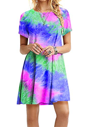 EFOFEI Damen Hippie Tie Dye Print Tunika Kleid Kurzarm Tunika Kleid mit rundem Hals Krawatte Färben Blau 3XL von EFOFEI