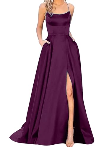 EFOFEI Damen Hochgeschlitzt Lang Elegantes Hochzeit Party Kleid Satin Seide Hohe Taille Langes Kleid A Line Lace Up Hollow Out Kleider Lila M von EFOFEI