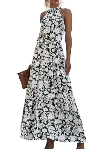 EFOFEI Damen Hoher Hals Neckholder Kleider Fließendes Cocktailkleid Lockeres Strandkleid Mit Gürtel Blume Grün M von EFOFEI