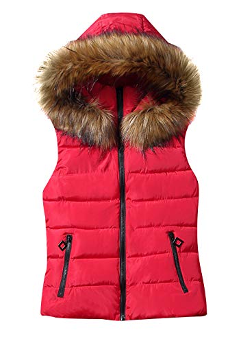 EFOFEI Damen Hooded Ärmellos Winter Pelzkragen Weste Mantel Rot M von EFOFEI