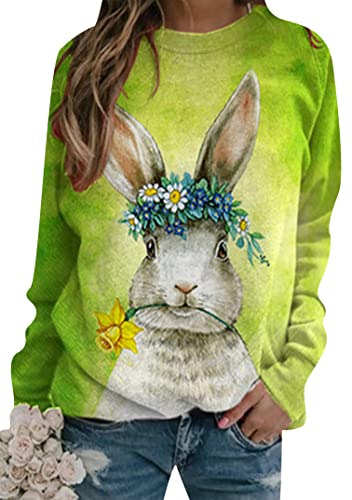 EFOFEI Damen Kaninchenmuster Sweatshirt Weicher und bequemer Pullover Ostern Langarm Farbblock Shirt Grün Hase M von EFOFEI