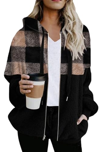 EFOFEI Damen Kapuzenmantel Fleece Kapuzenpulli mit Reißverschluss und warmen Flanellmänteln Sweatshirt Mantel mit Kordelzug Khaki Schwarz 3XL von EFOFEI