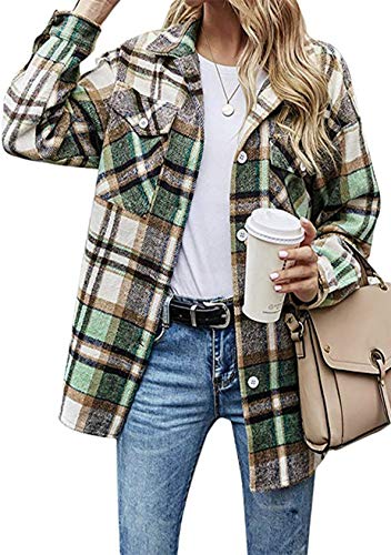 EFOFEI Damen Kariertes Hemd Blusenshirt Herbst Winter Shirt mit Knöpfe Bluse Kariertes Taschen Knöpfen Hemd Elegant Kariert Revers Outwear Grün L von EFOFEI