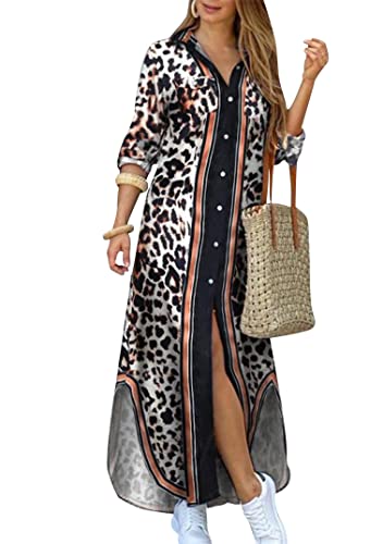 EFOFEI Damen Kariertes Kleid mit Lange Ärmel Lässige Maxikleider mit Blumendruck Bedrucktes Hemdkleid mit Revers Unregelmäßiges langes Hemdkleid Leopard M von EFOFEI