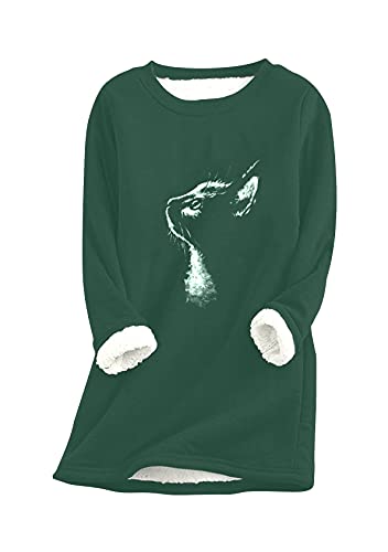 EFOFEI Damen Katzendruck Plus Fleece Warmen Pullover Mode Fleecepullover Rundhalsausschnitt Einfarbiger Pullover Grün XXL von EFOFEI