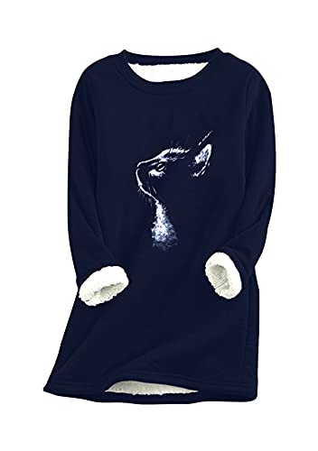 EFOFEI Damen Katzendruck Winter Warme Sweatshirt Gefüttert Plus Fleeceoberteil Festliche Party Plus Fleece-Oberteil Navy blau L von EFOFEI