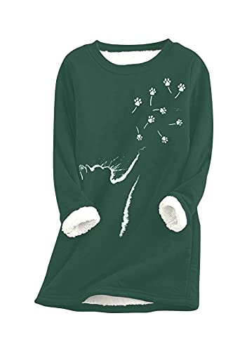 EFOFEI Damen Katzenpfote Bedrucktes Oberteil Shirts Tops Zuhause Bequemes Warmes Top Oversize Teddy-Fleece Pullover Grün S von EFOFEI