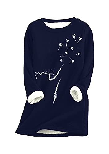 EFOFEI Damen Katzenpfote Festliche Party Plus Fleece-Oberteil Pulli Fleece Sweatshirt Flauschig Rundhals Sweatshirt Navy blau XXL von EFOFEI